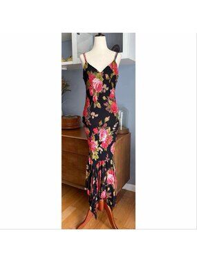 Vtg Y2K Charlotte Russe Black Floral Beaded Maxi Dress 90s Whimsy Fairy Goth M